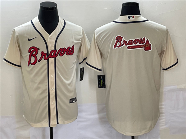 Men's Atlanta Braves Cream Team Big Logo Cool Base Stitched Baseball Jersey